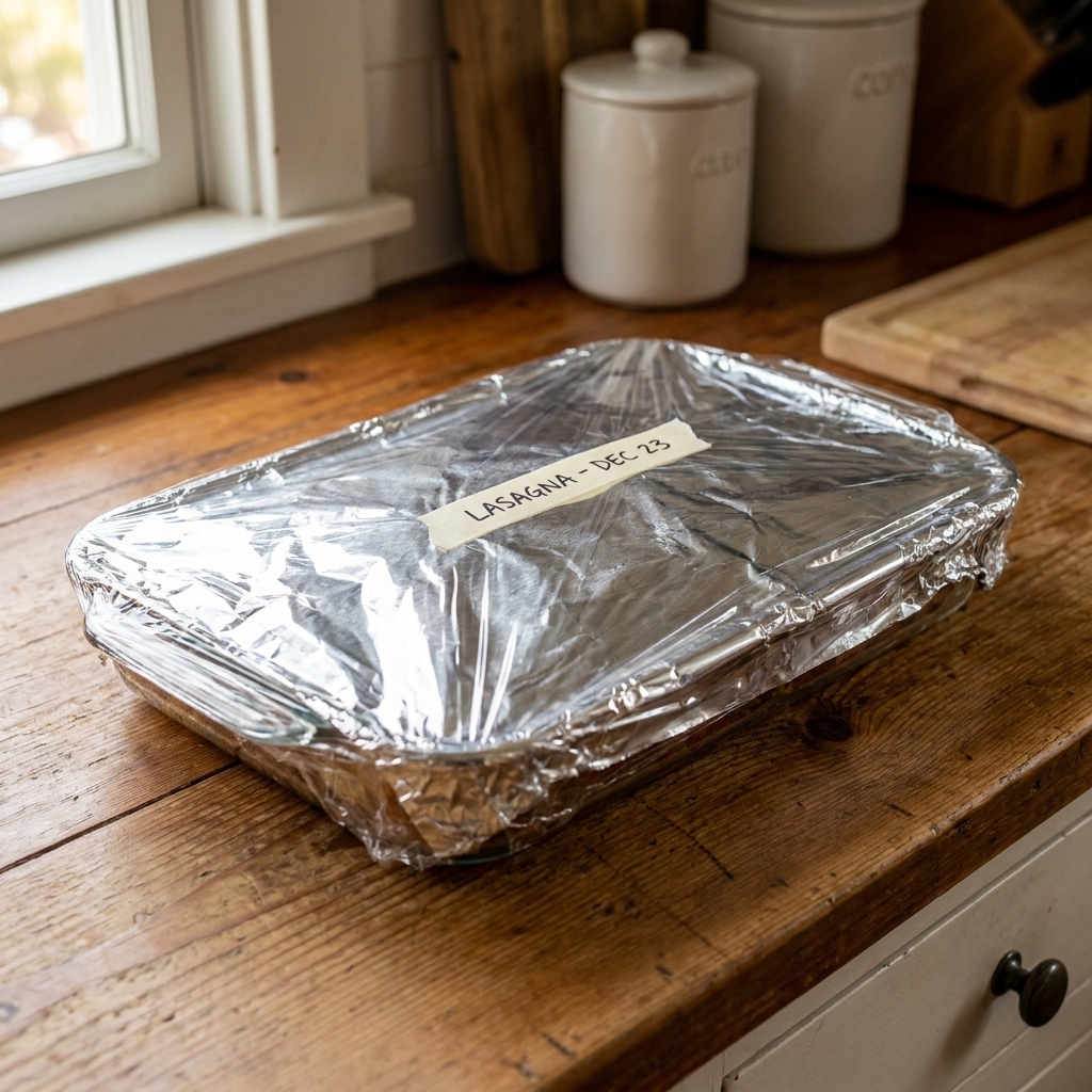 A 9x13 casserole dish tightly wrapped for the freezer with a visible layer of foil and plastic wrap on a wooden counter