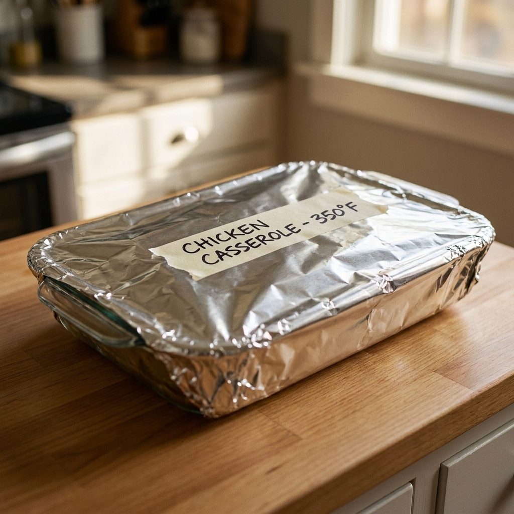 A 9x13 casserole dish tightly wrapped in foil and labeled with a marker on a kitchen counter.