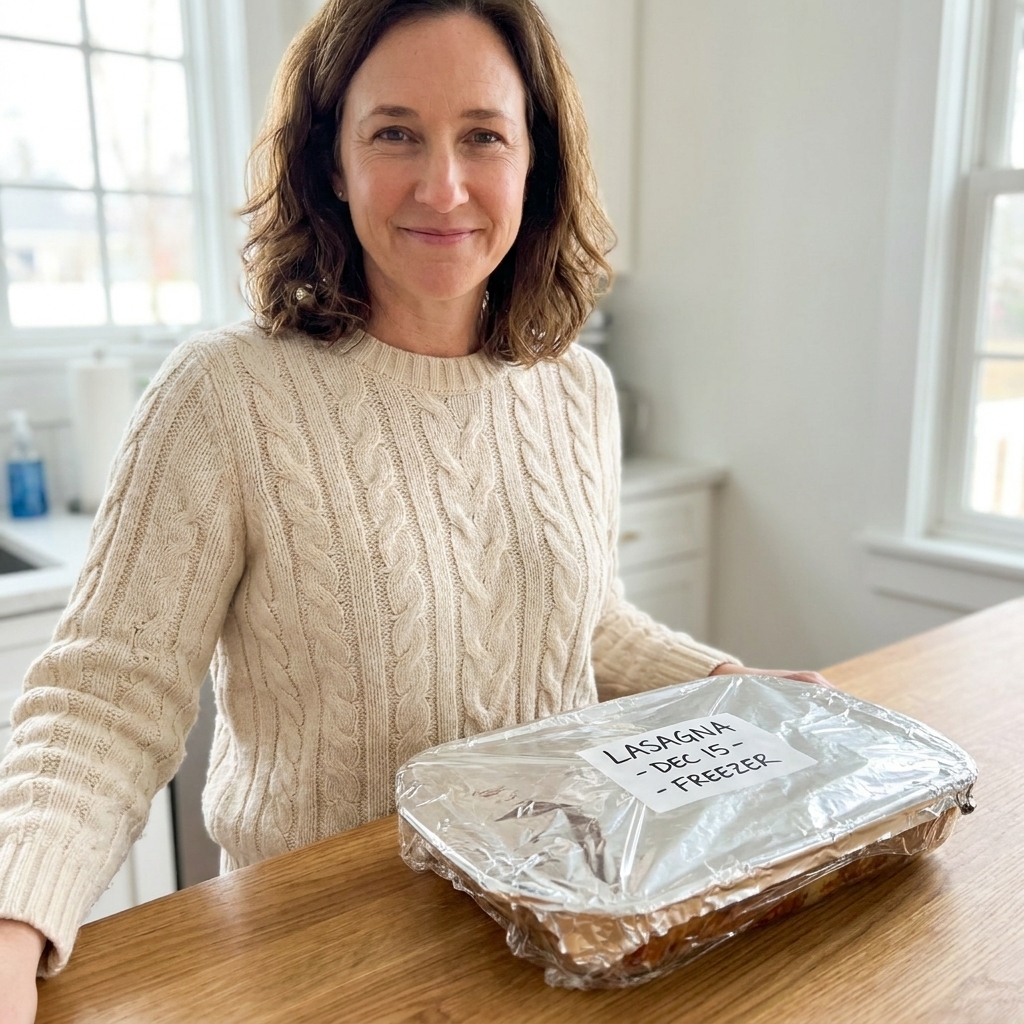 A 9x13 casserole dish tightly wrapped in plastic wrap and foil, labeled for the freezer, sitting on a kitchen counter