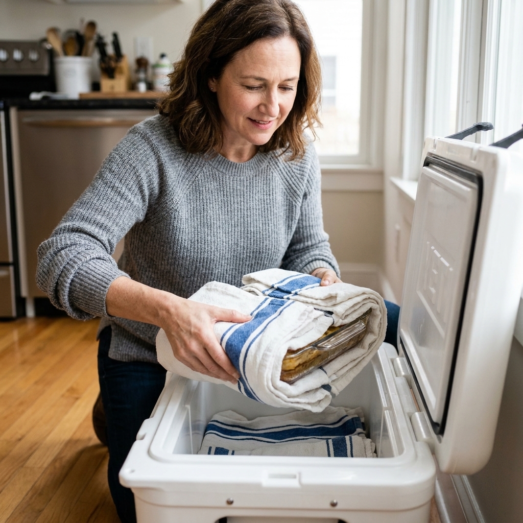 A 9x13 casserole dish wrapped in thick towels being placed into a clean hard-sided cooler for insulation