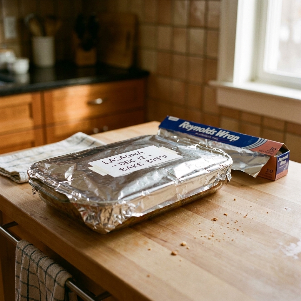 A 9x13 casserole dish wrapped tightly in foil with a handwritten freezer label on top, sitting next to a roll of foil on a kitchen counter