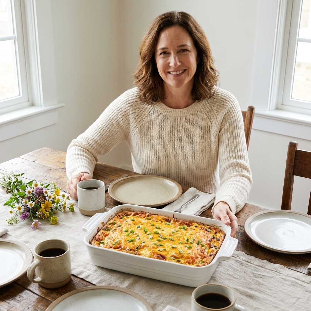 A baked breakfast casserole with browned cheese and green onions in a white ceramic baking dish sitting on a dining table set for brunch