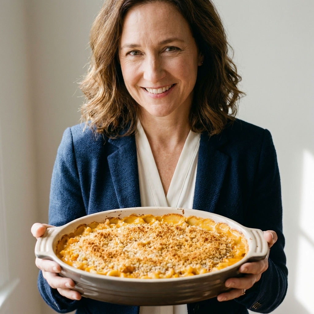 A baked butternut squash mac and cheese casserole with a golden breadcrumb topping and creamy orange sauce visible at the edges