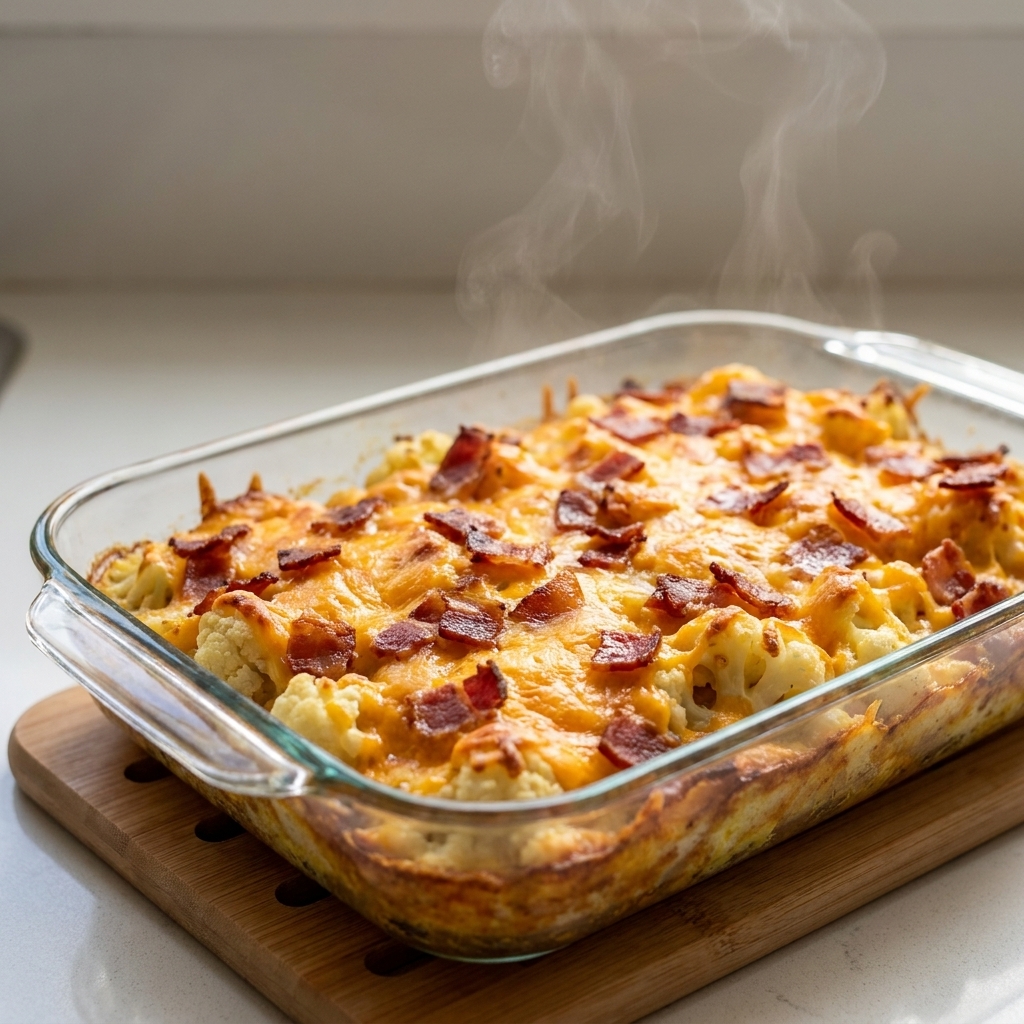 A baked cauliflower, bacon, and cheddar breakfast casserole in a glass baking dish with browned cheese on top and visible bacon pieces
