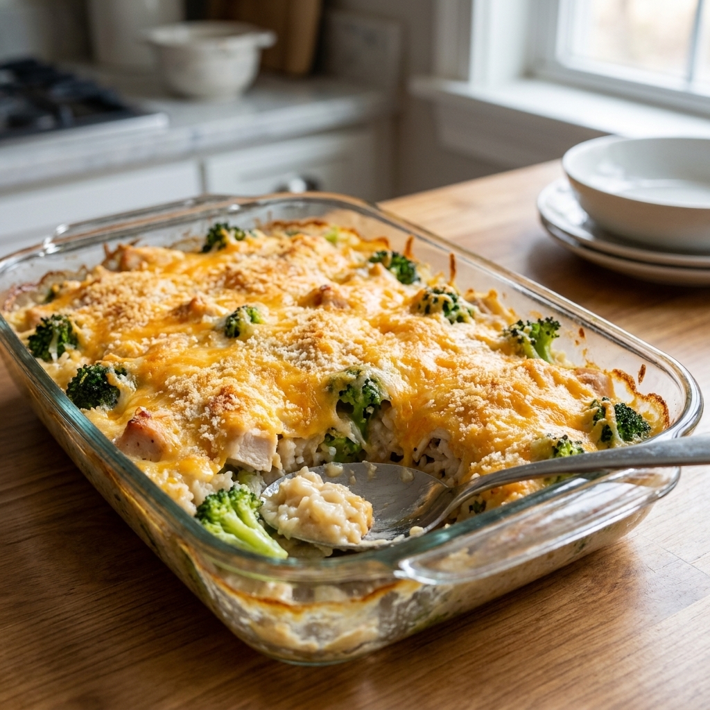 A baked chicken and rice broccoli casserole in a 9x13 pan with a lightly browned cheese topping and a serving spoon resting on the edge