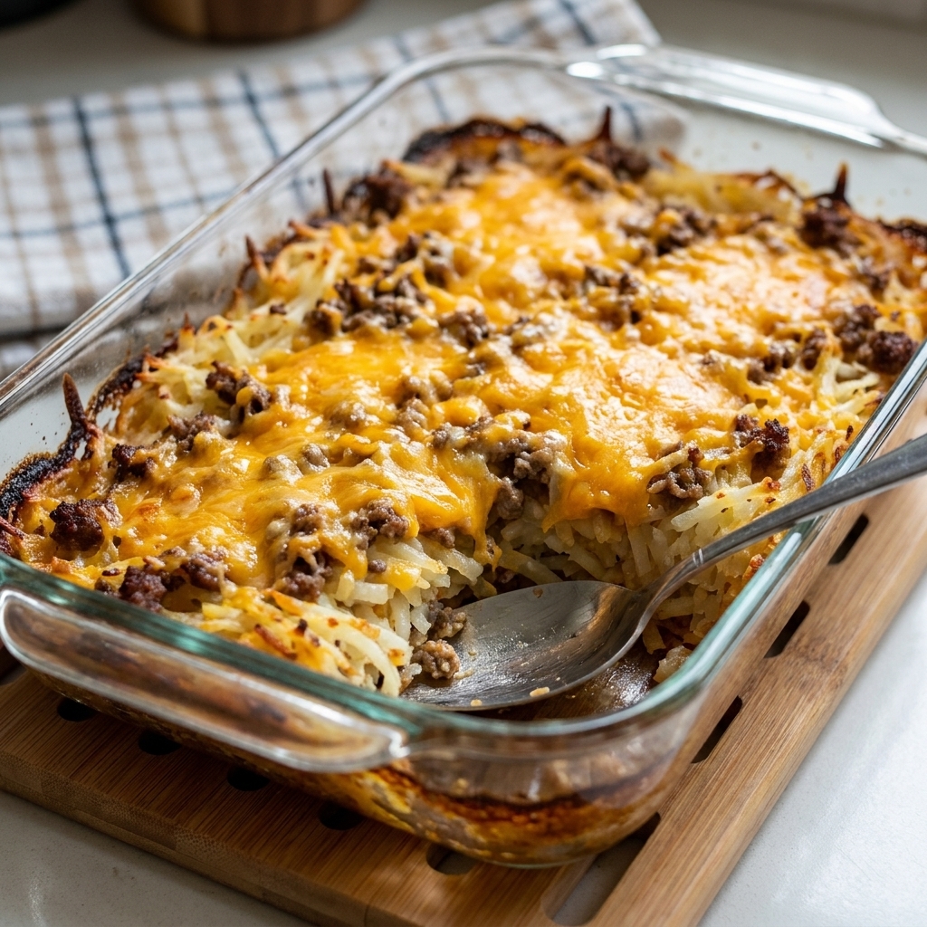 A baked hash brown casserole with ground beef and melted cheese, showing crispy edges in a glass 9x13 dish