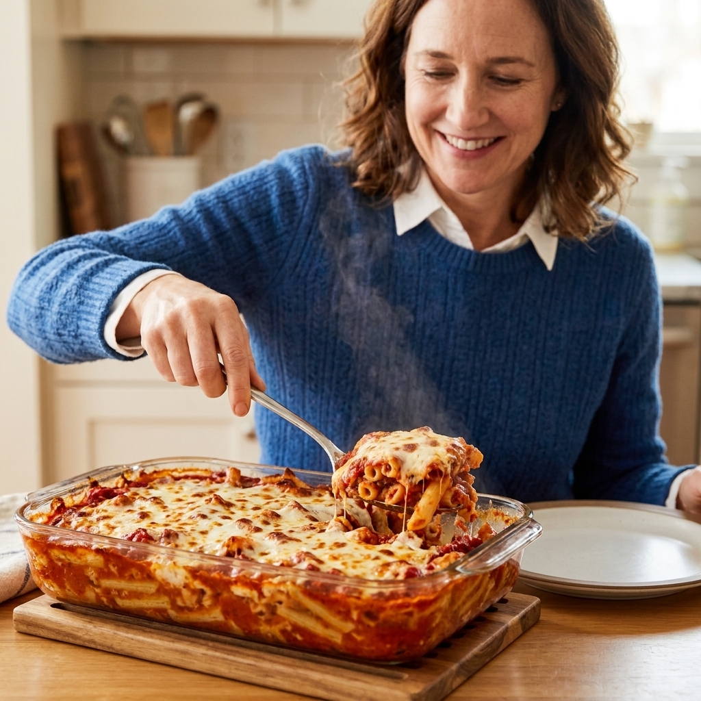 A baked pasta casserole in a glass 9x13 dish with browned mozzarella on top, visible marinara sauce around the edges, and a serving spoon scooping out a portion