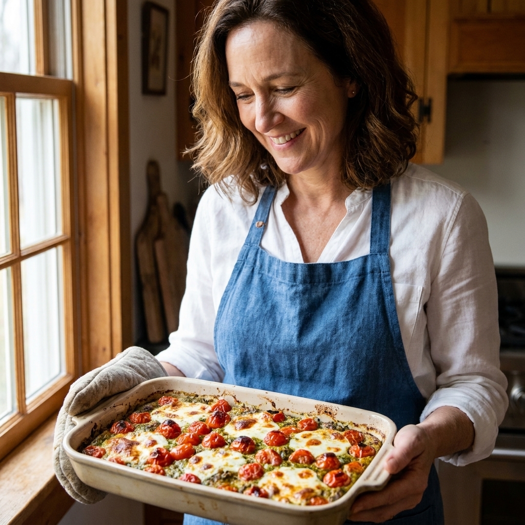 A baked pesto, tomato, and mozzarella breakfast casserole with roasted cherry tomatoes on top and browned mozzarella patches