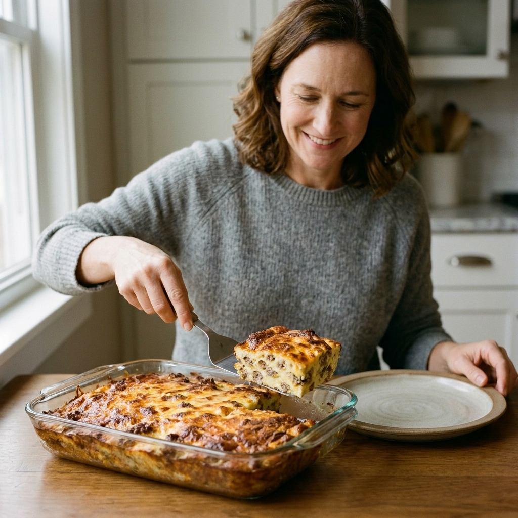 A baked sausage, egg, and cheese strata with browned cheese on top, being served from a glass 9x13 baking dish
