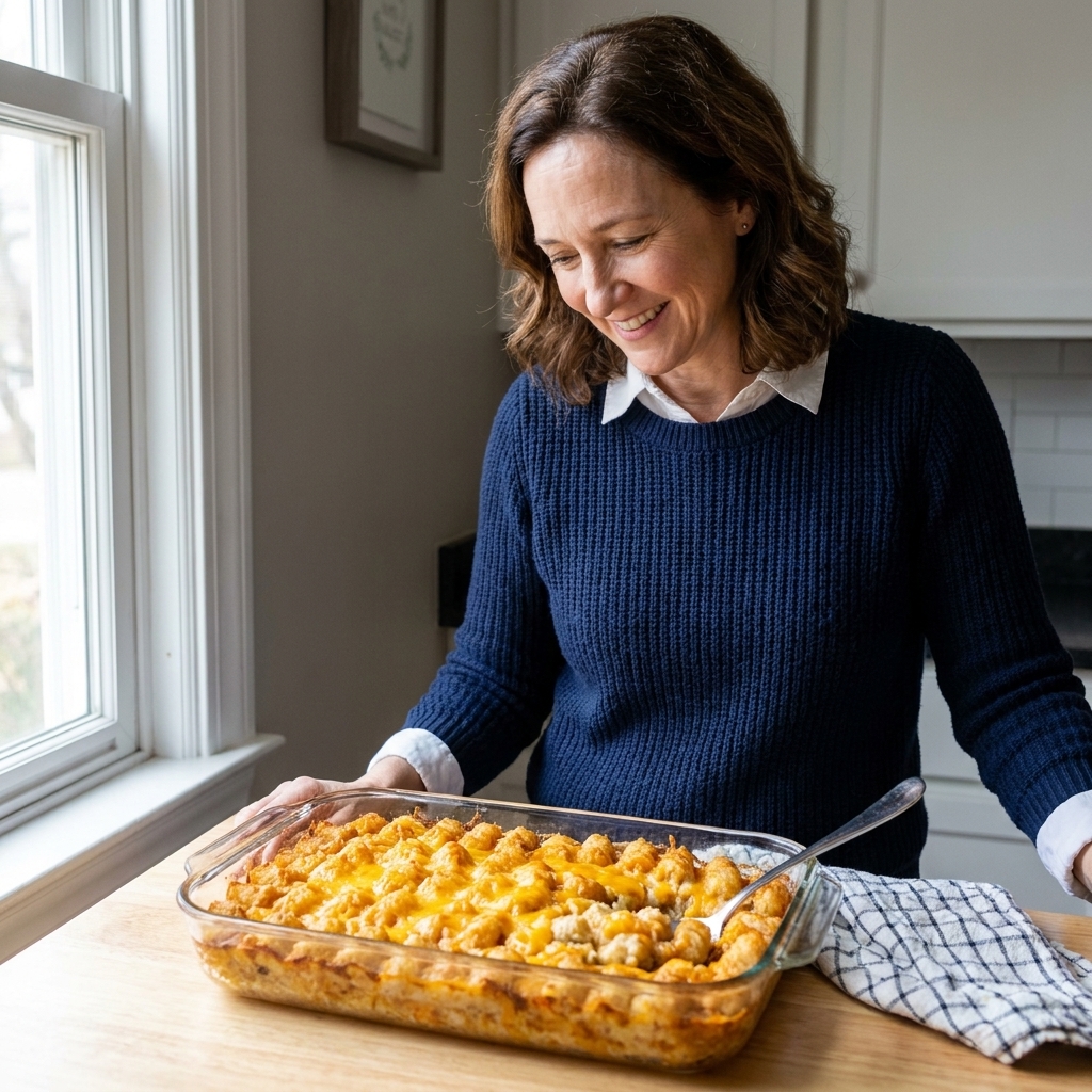 A baked tater tot casserole in a 9x13 dish with golden crisp tots and melted cheddar, photographed on a countertop