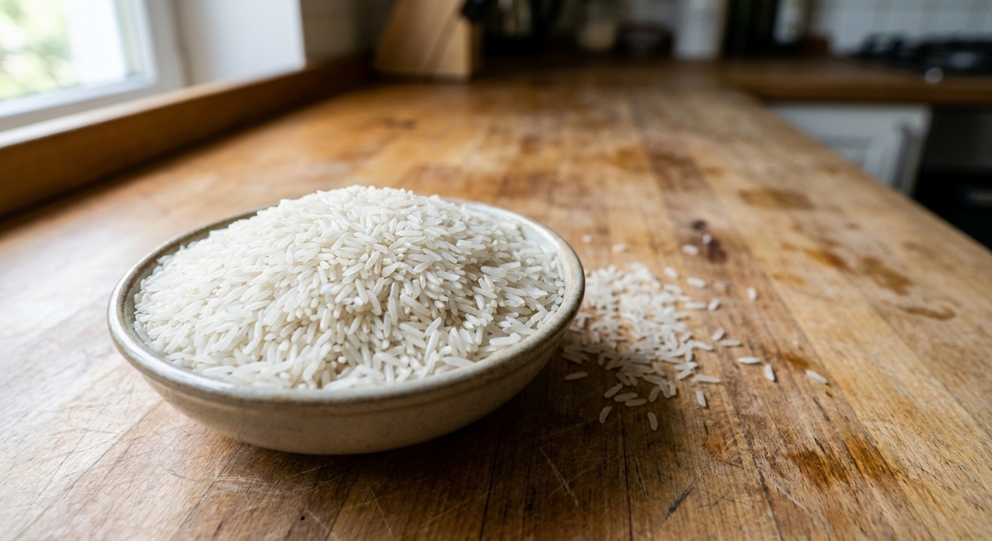 A bowl of uncooked long-grain white rice on a wooden counter with individual grains clearly visible