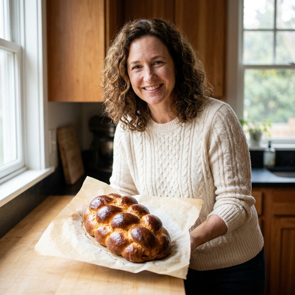 A braided challah loaf on parchment paper with a glossy golden crust, photographed on a kitchen counter
