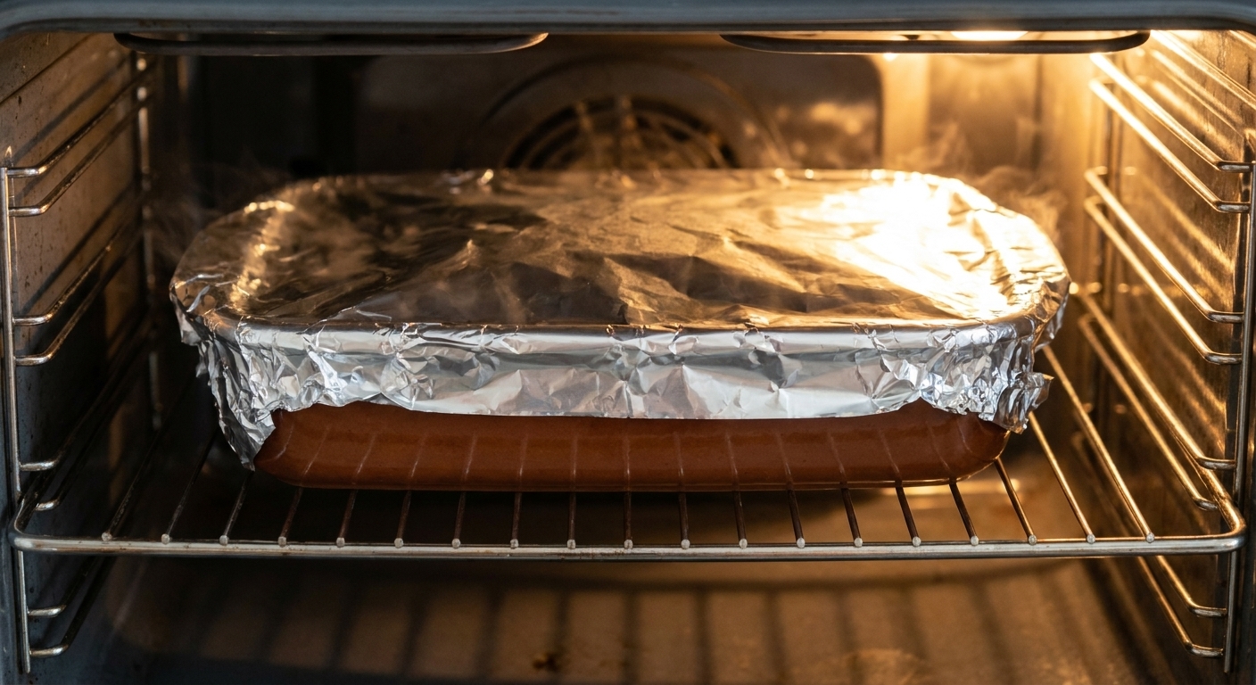 A breakfast casserole in a baking dish covered tightly with foil on an oven rack, mid-reheat
