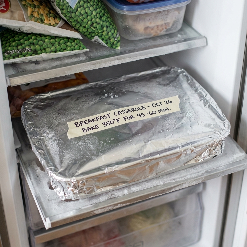 A breakfast casserole wrapped in foil with a clearly written label showing the date and baking instructions, resting flat on a freezer shelf