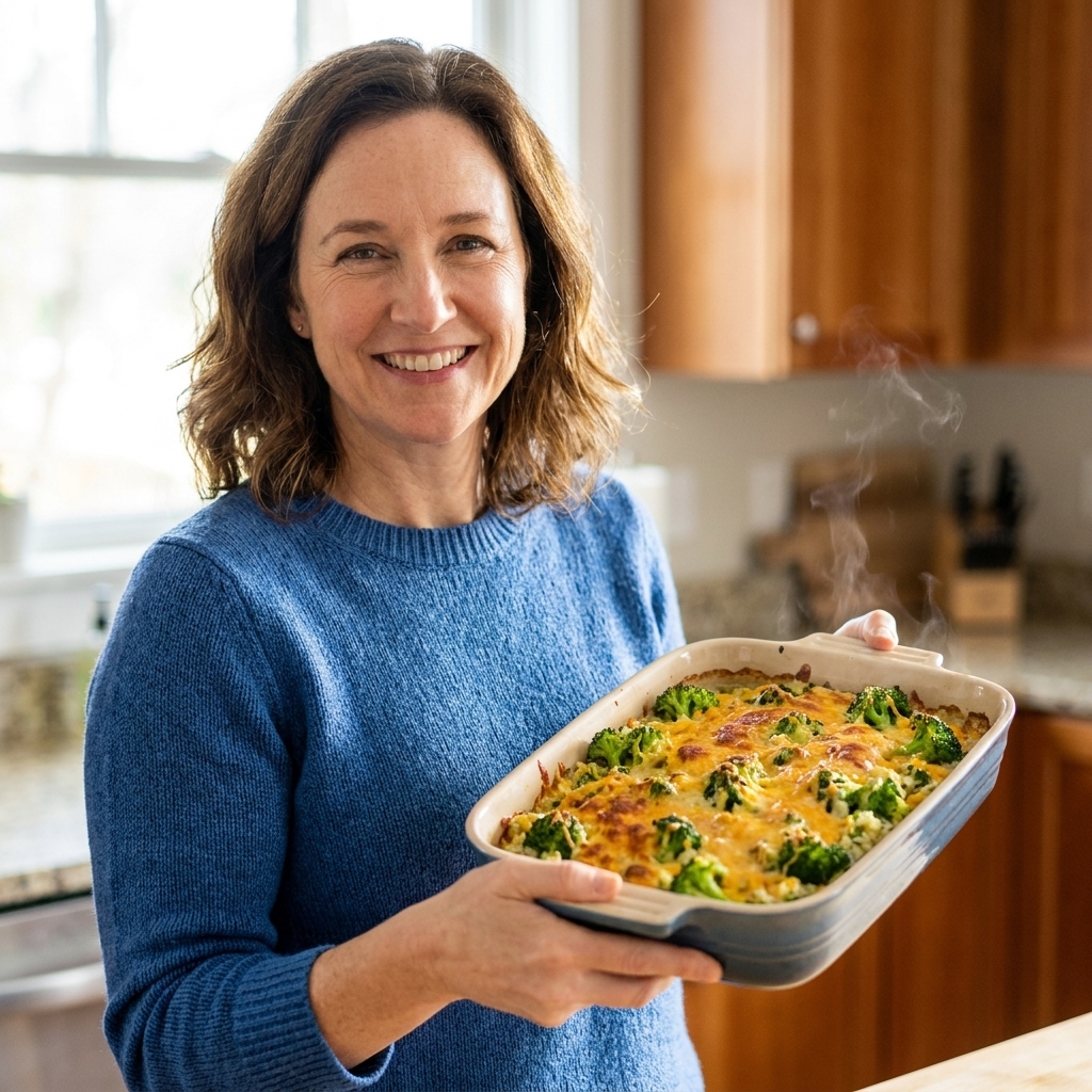 A broccoli rice and cheddar casserole with browned cheese on top and bright broccoli florets throughout