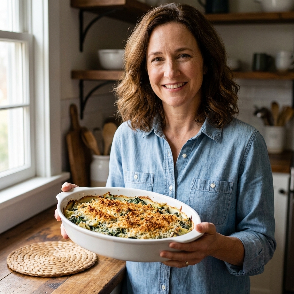 A browned spinach and artichoke gratin with a lightly crisp top in a white ceramic casserole dish