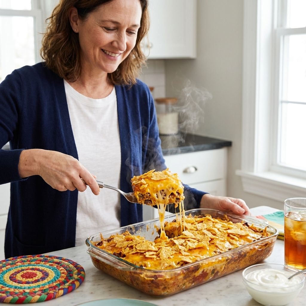 A bubbling Tex-Mex casserole in a 9x13 pan topped with melted cheese and crushed tortilla chips, with a serving spatula lifting out a square portion