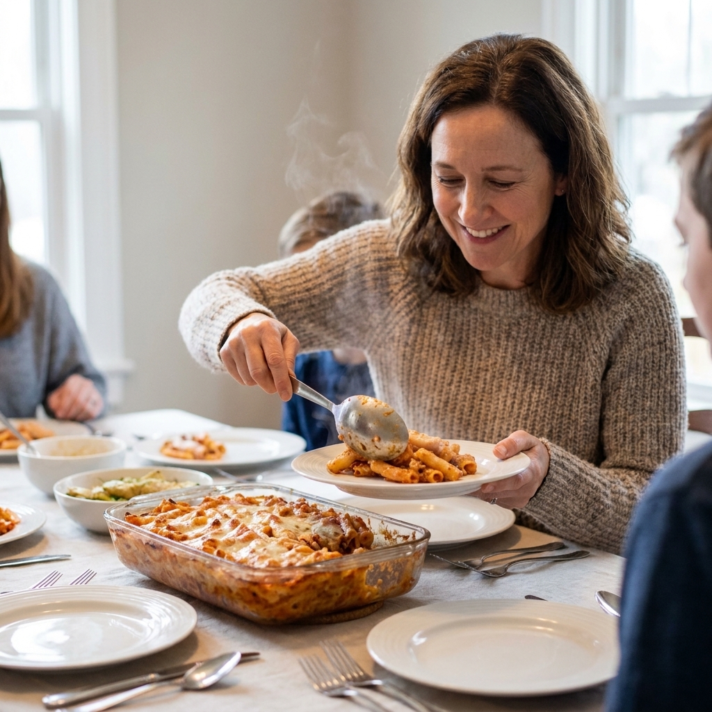 A bubbling baked casserole in a 9x13 dish being served with a spoon at a family dinner table
