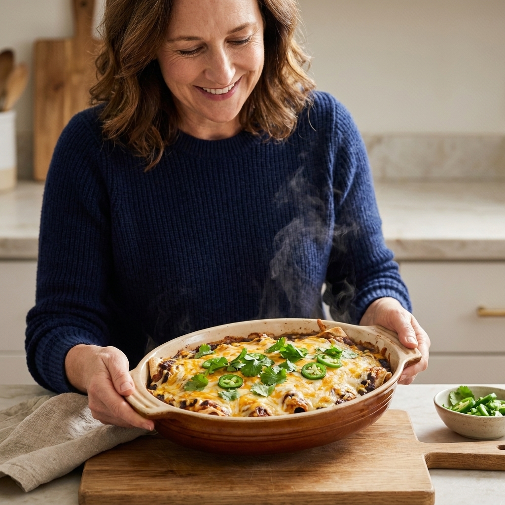 A bubbling black bean enchilada casserole in a baking dish, topped with melted cheese, cilantro, and sliced jalapeños