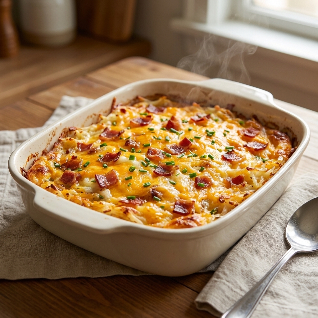 A bubbling hash brown breakfast casserole topped with melted cheddar and bacon pieces in a ceramic baking dish