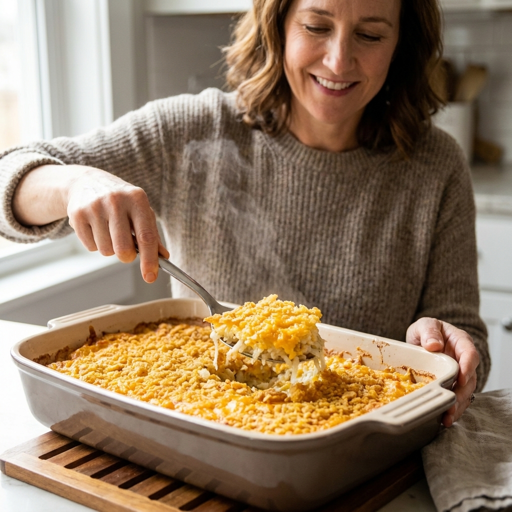 A bubbling hash brown casserole with a golden crunchy topping being scooped from a 9x13 baking dish