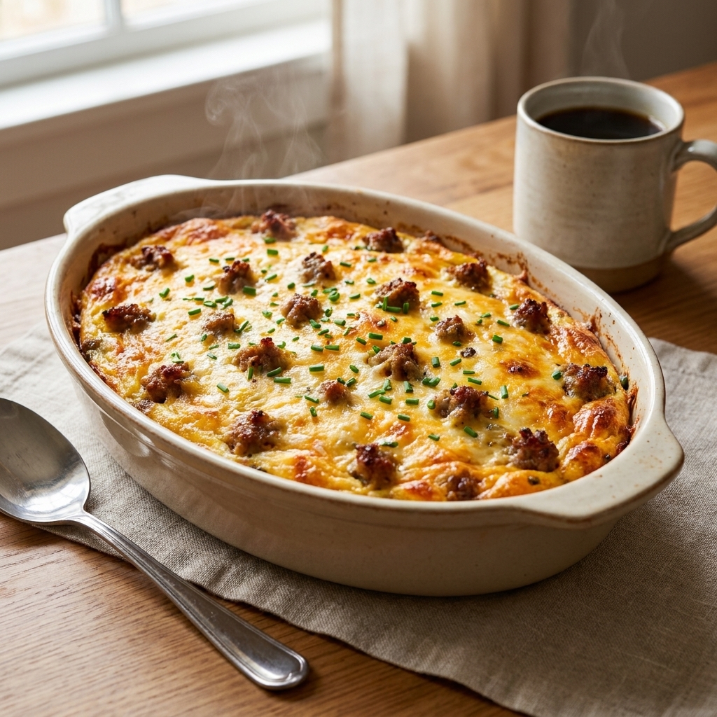 A bubbling sausage breakfast casserole in a ceramic baking dish, with browned sausage crumbles and a creamy, lightly golden top