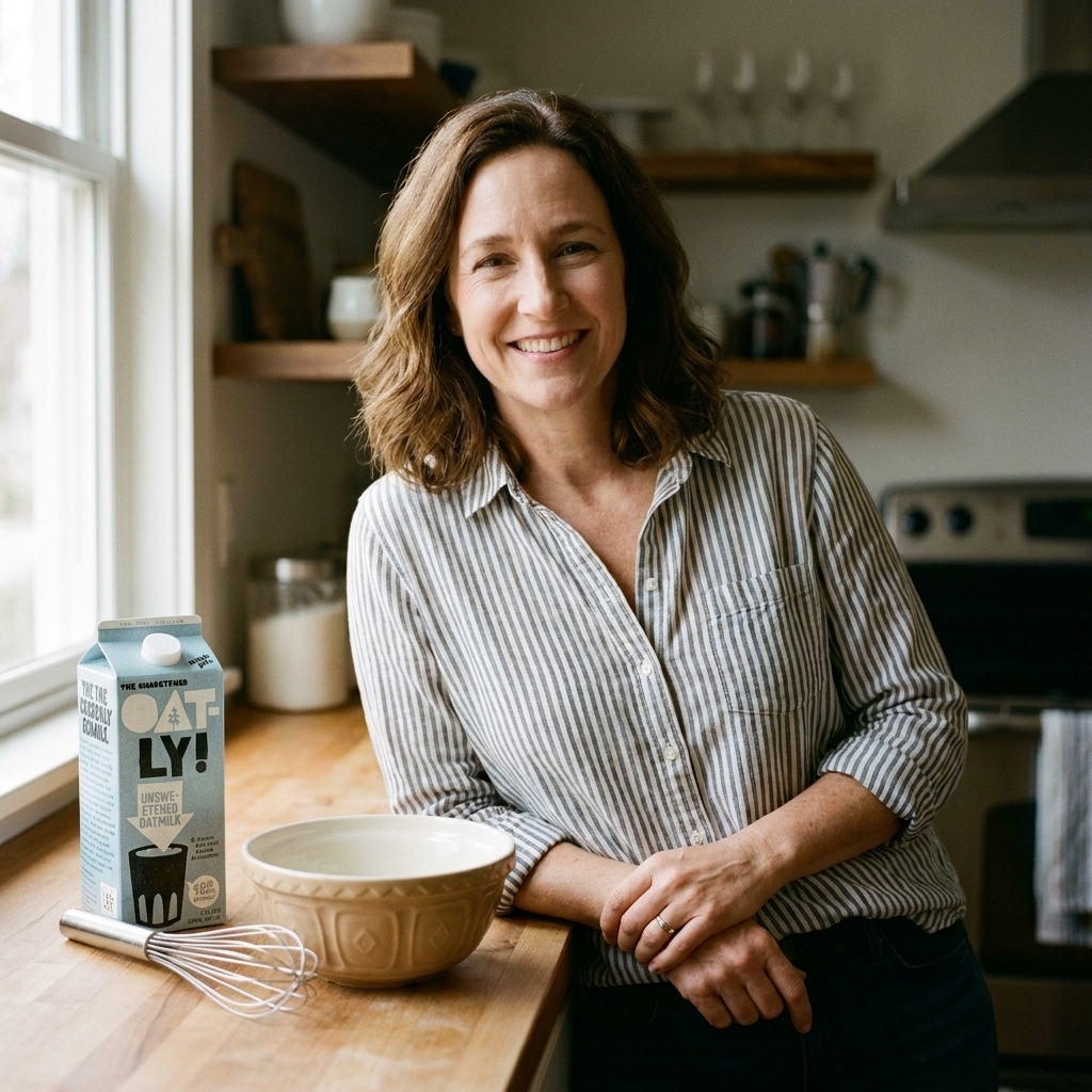 A carton of unsweetened oat milk on a kitchen counter next to a whisk and a mixing bowl