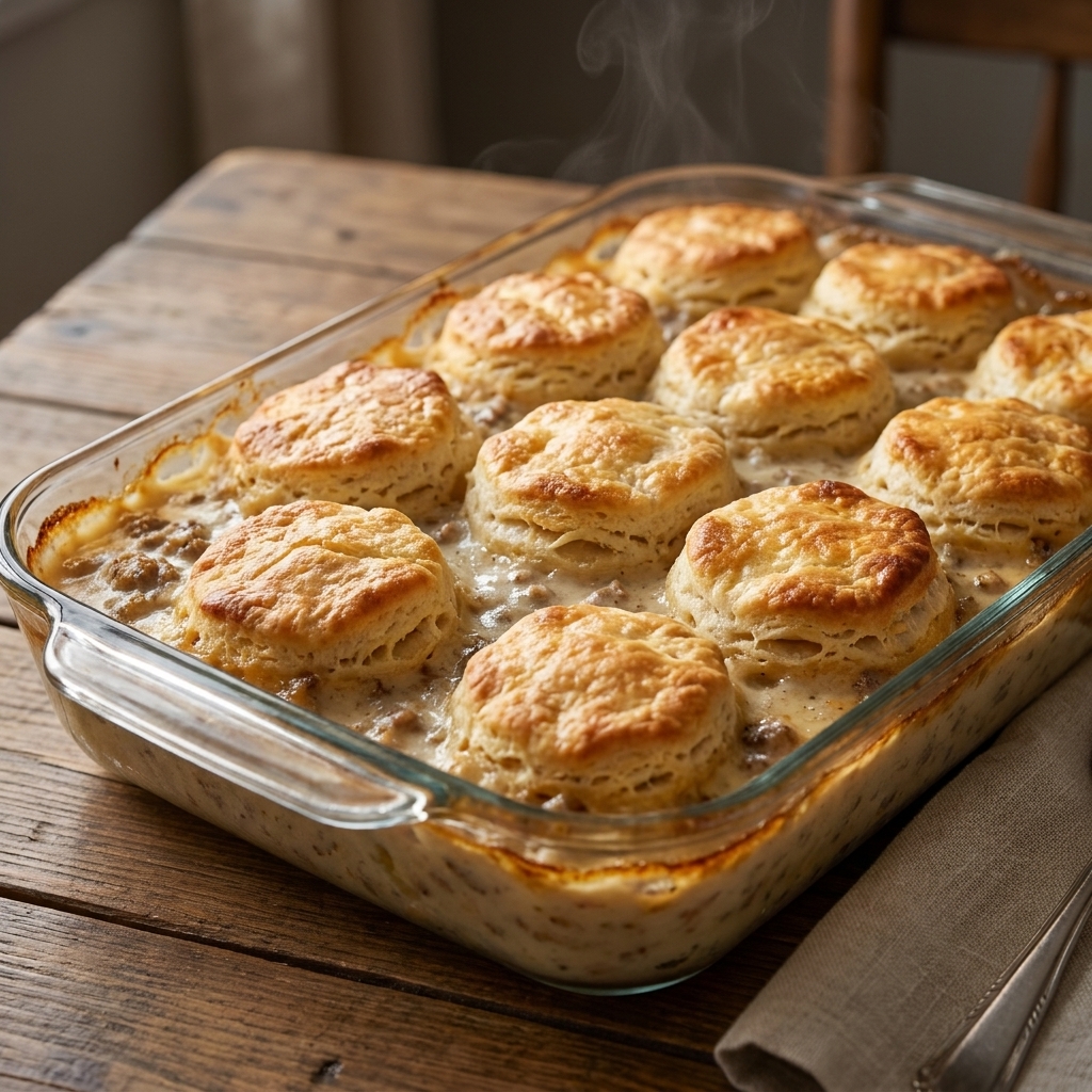 A casserole with golden biscuits baked on top, sitting in a 9x13 dish with creamy sausage gravy visible at the edges