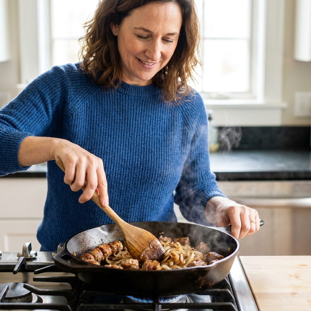 A cast iron skillet on a stovetop with browned sausage and sautéed onions being stirred with a wooden spoon