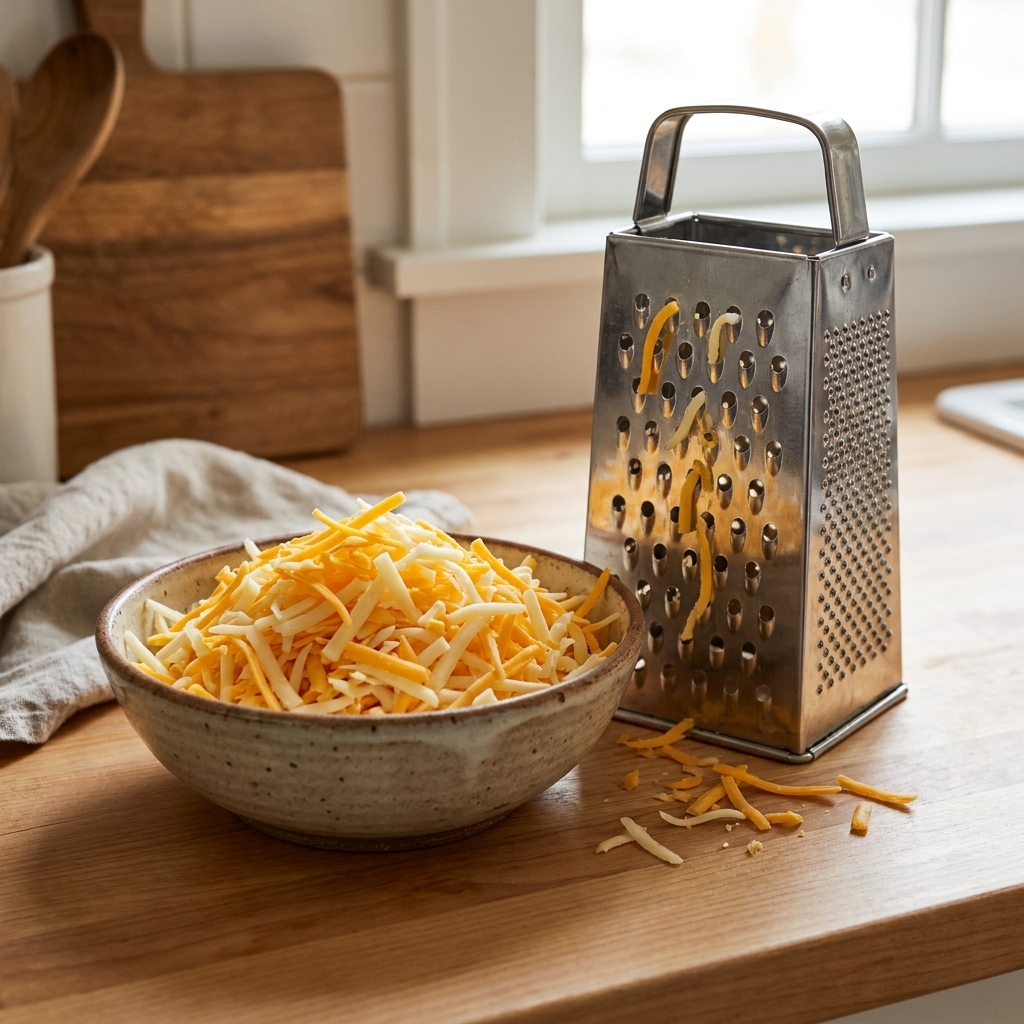 A ceramic bowl filled with shredded cheddar and Monterey Jack cheese on a kitchen counter next to a box grater