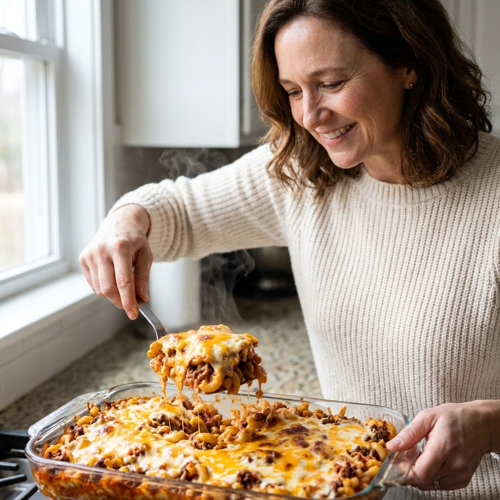 A cheesy American goulash pasta bake in a 9x13 pan with browned spots on top and a serving spatula lifting a portion