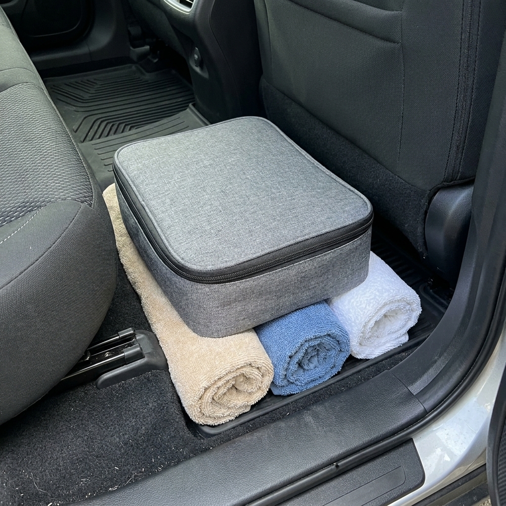 A covered 9x13 casserole dish inside an insulated carrier positioned on the car floor behind the passenger seat, wedged with rolled towels for stability