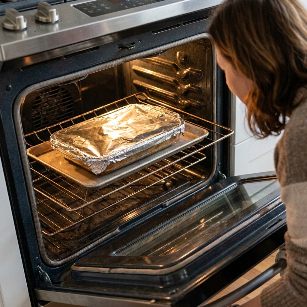 A covered 9x13 casserole dish sitting on a rimmed baking sheet on the middle oven rack, showing a safe setup for reheating