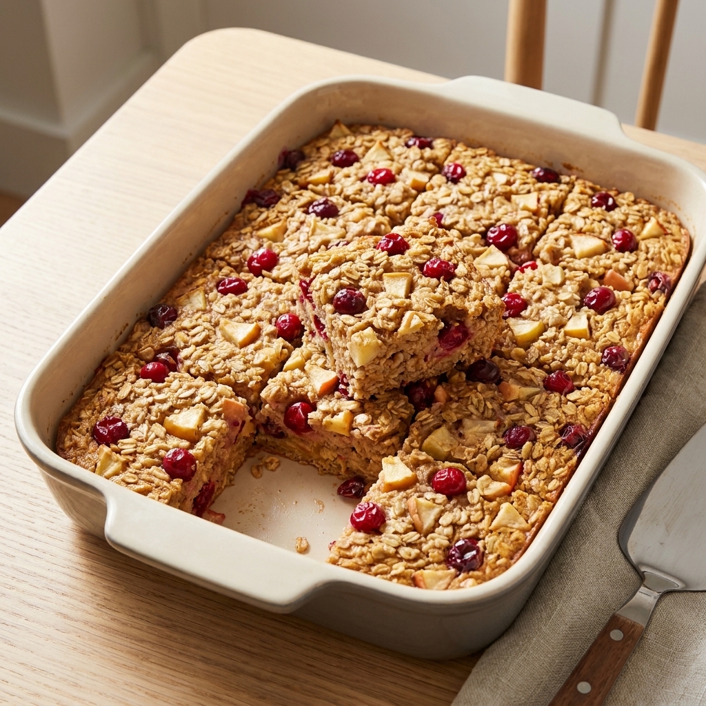 A cranberry apple baked oatmeal casserole cut into squares, with visible cranberries and apple pieces in a baking dish
