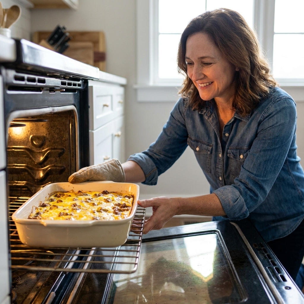 A cream-colored ceramic 9x13 dish filled with an egg and sausage breakfast casserole being placed onto an oven rack