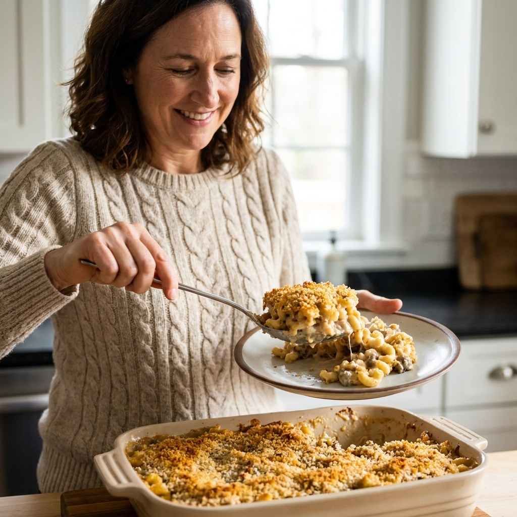 A creamy beef mac and cheese casserole with a lightly browned breadcrumb topping, served from a 9x13 baking dish