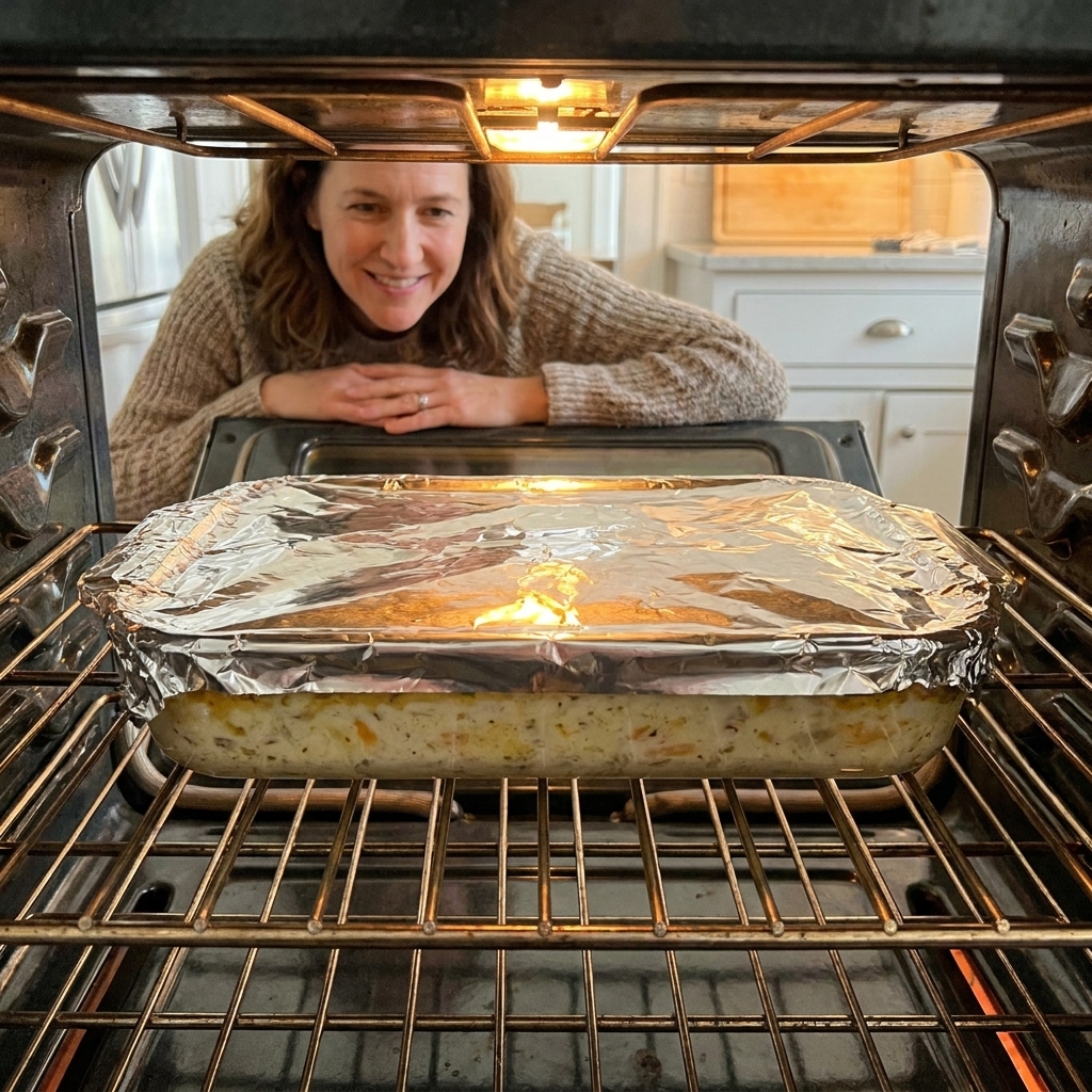 A creamy casserole in a 9x13 glass baking dish covered with foil on the middle rack of a home oven, warm oven light glowing
