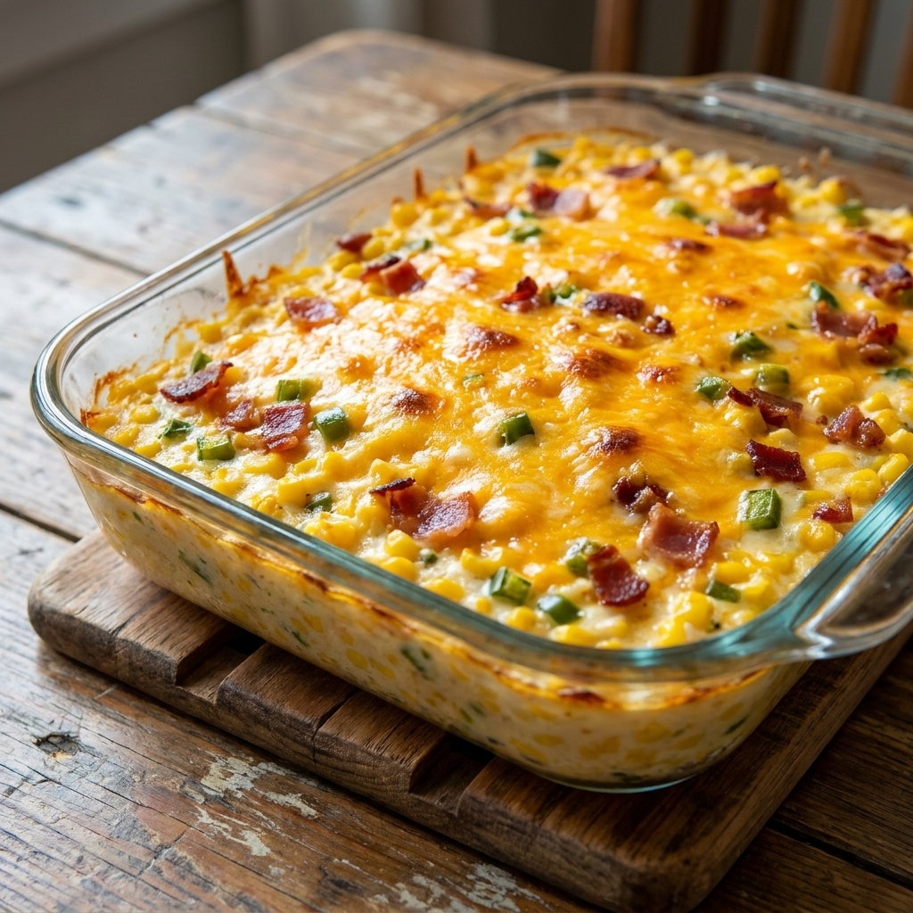 A creamy corn casserole with bits of jalapeño and bacon, topped with melted cheddar in a glass baking dish
