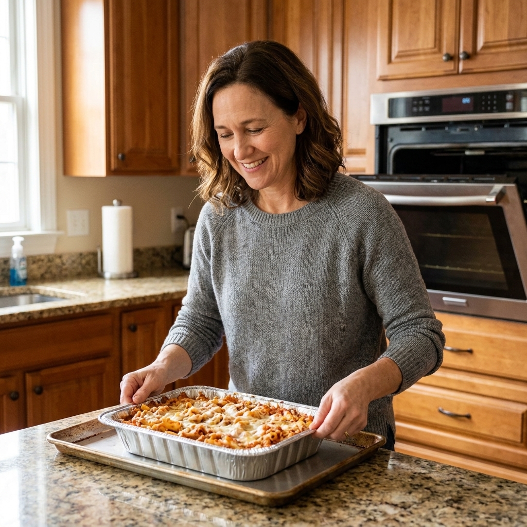 A disposable aluminum foil casserole pan placed on a rimmed baking sheet for stability before going into the oven