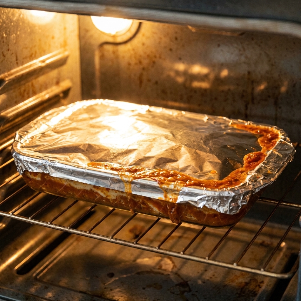 A foil-covered 9x13 casserole dish on an oven rack, with warm oven light and bubbling sauce visible at the edges