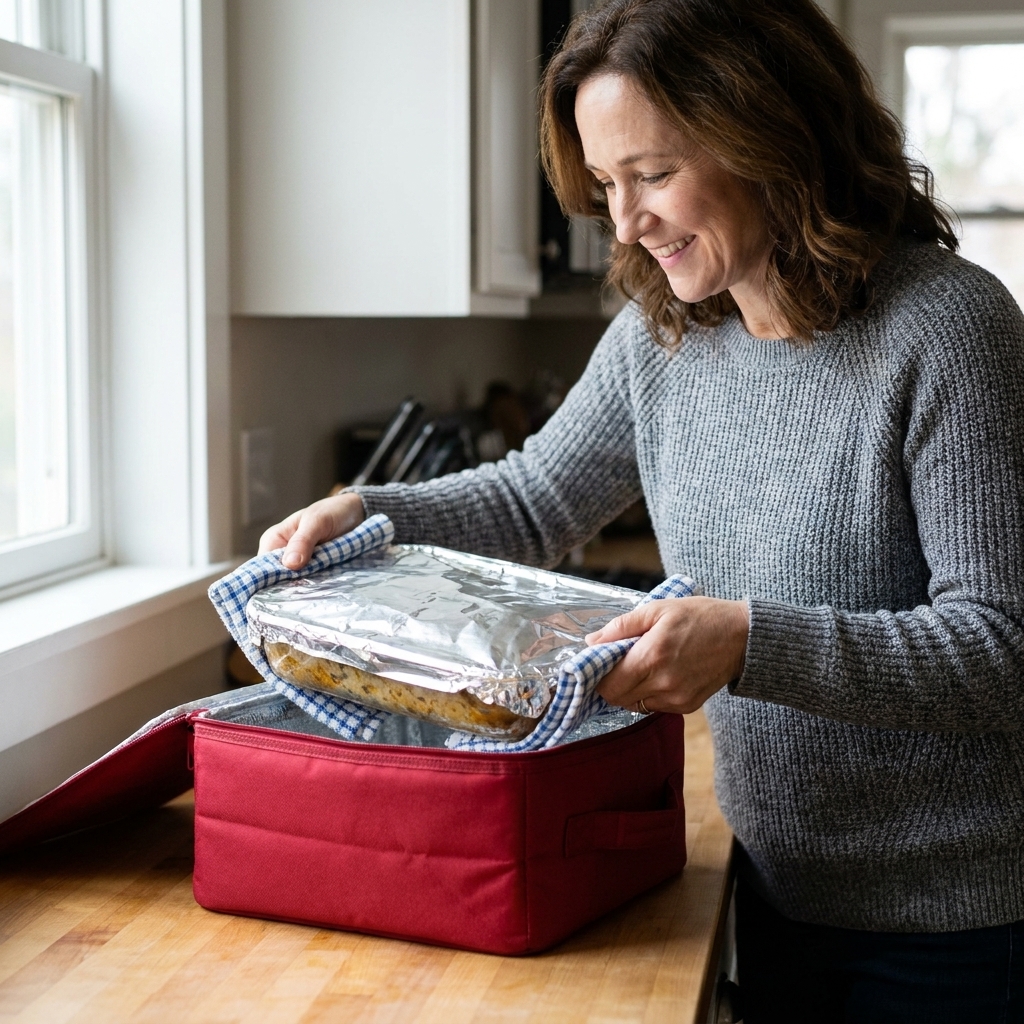 A foil-covered casserole wrapped in a clean kitchen towel being placed into an insulated carrier for transport