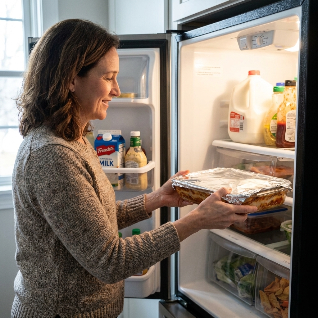 A foil-covered lasagna in a glass baking dish being placed on a refrigerator shelf, with hands visible and typical home kitchen lighting