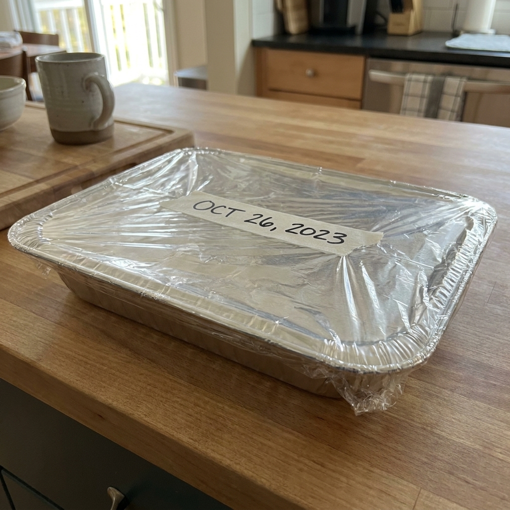 A foil lasagna pan wrapped tightly in plastic wrap and foil, labeled with a date using a freezer-safe marker, sitting on a kitchen counter