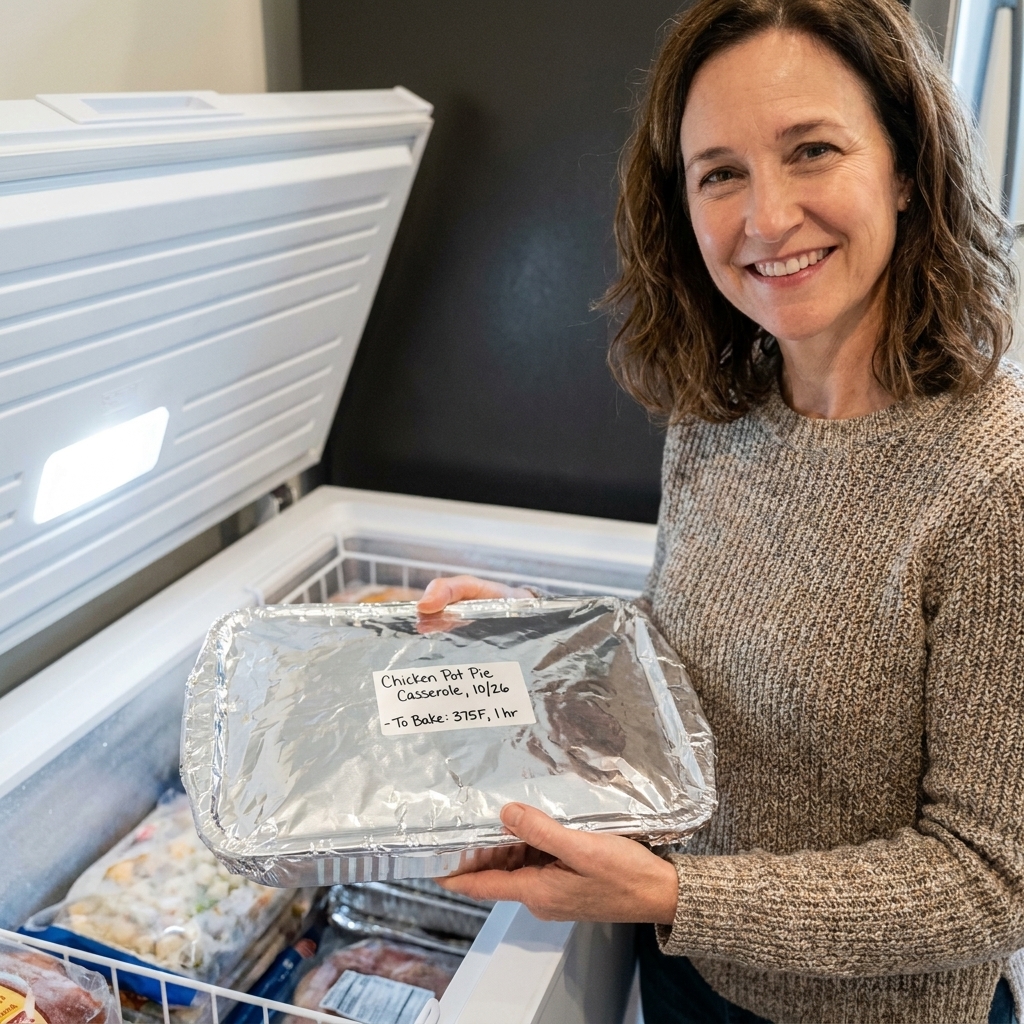A foil-lined aluminum 9x13 pan filled with an unbaked casserole mixture, wrapped tightly and labeled, ready to go into a chest freezer
