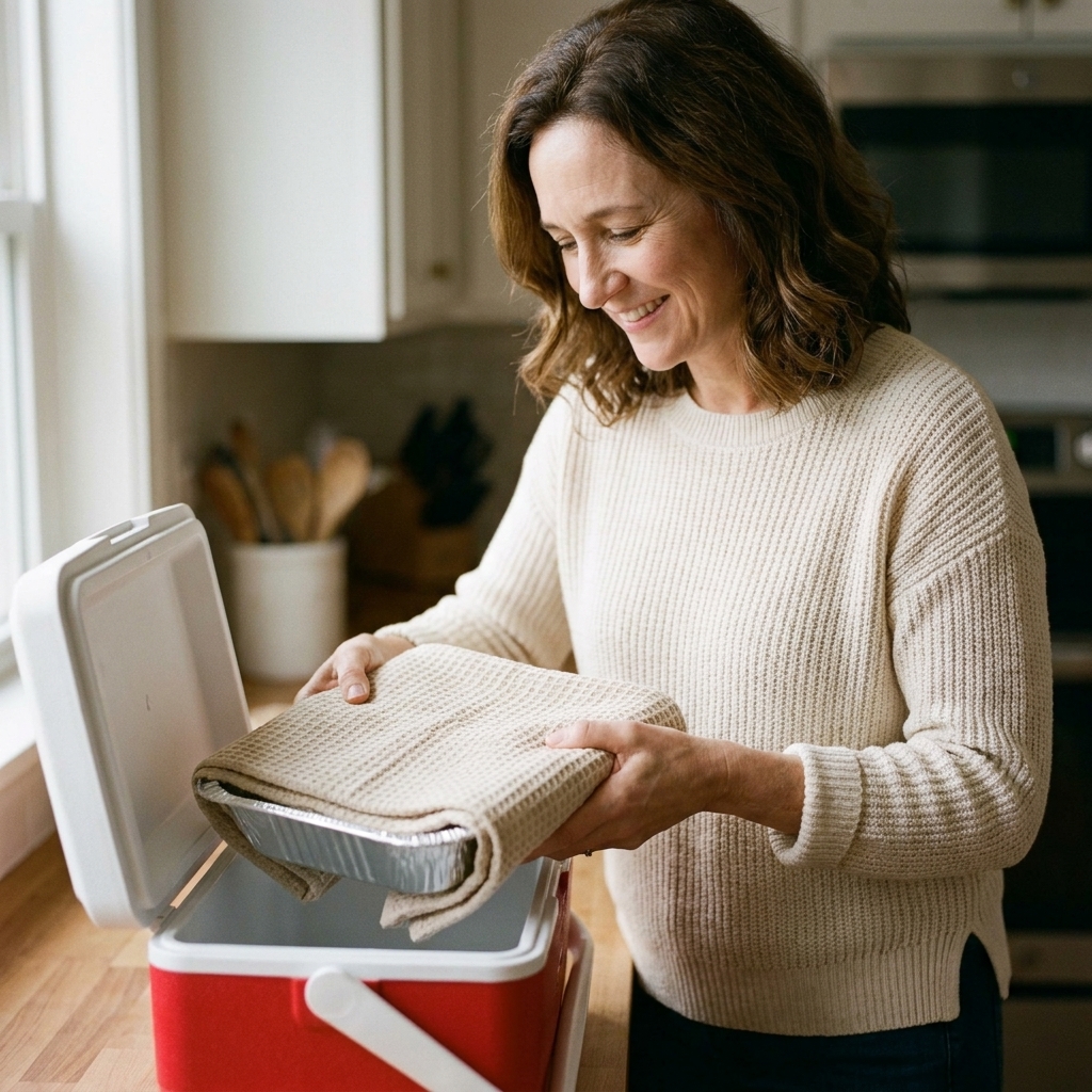 A foil pan casserole wrapped in a clean kitchen towel and placed inside a small cooler for warm transport
