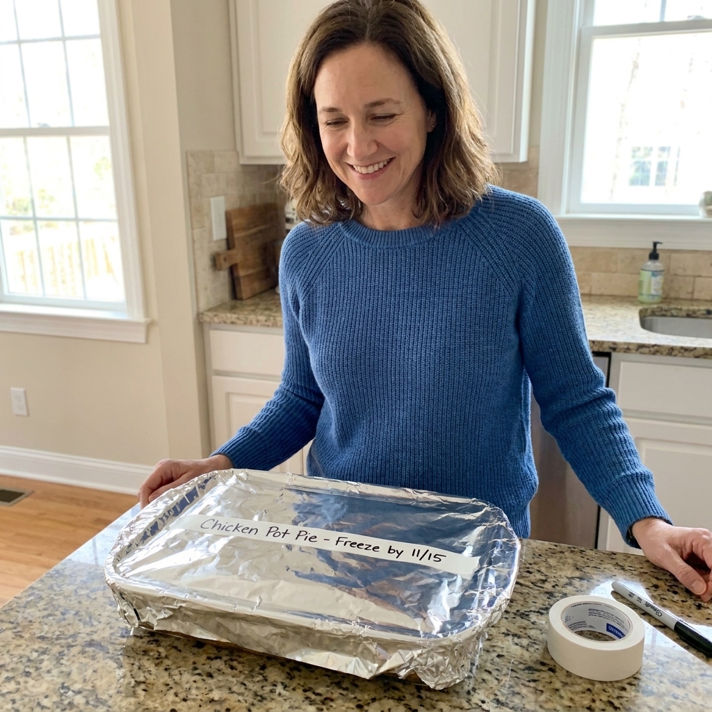 A foil-wrapped 9x13 casserole labeled and ready for the freezer, sitting on a kitchen counter next to freezer-safe tape and a marker