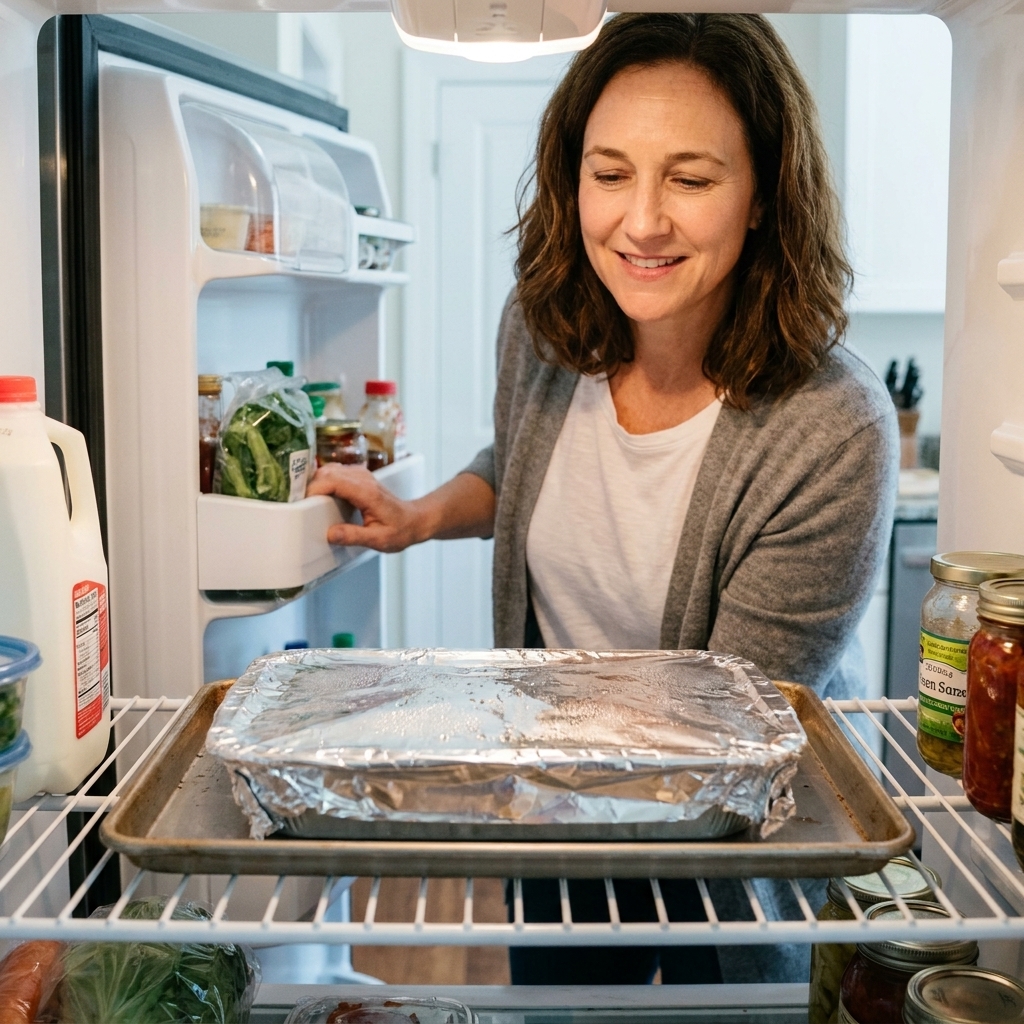 A foil-wrapped casserole pan sitting on a rimmed baking sheet on a refrigerator shelf, ready to thaw safely
