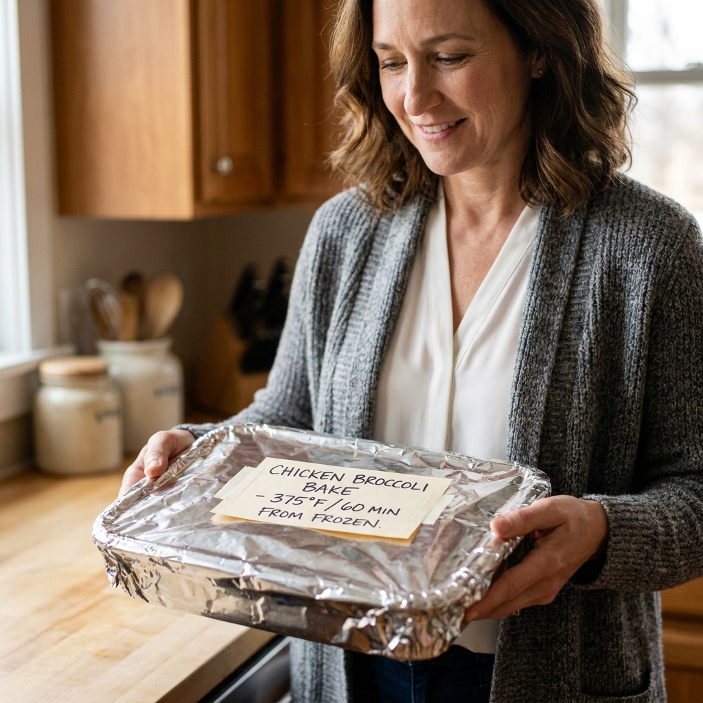 A foil-wrapped frozen casserole with a handwritten label listing the dish name and bake-from-frozen instructions