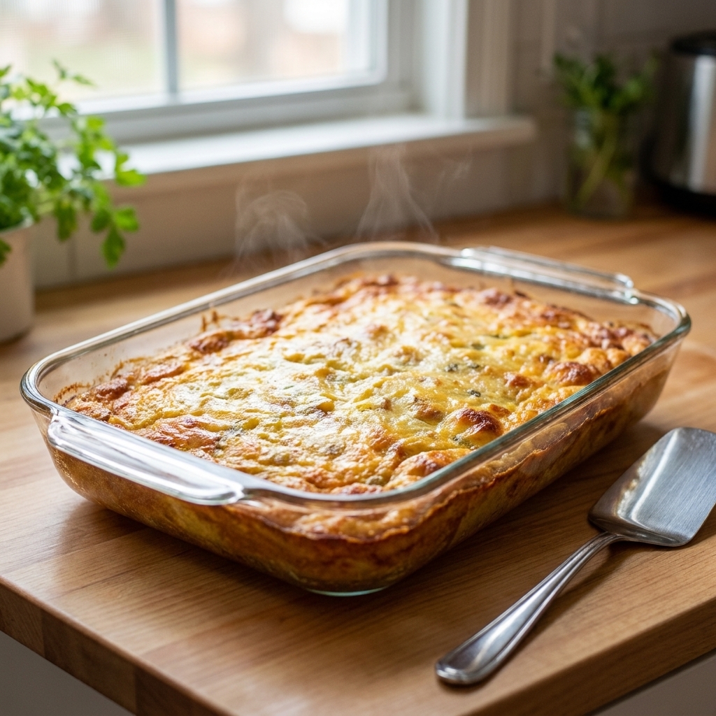A freshly baked dairy-free breakfast casserole in a glass 9x13 dish on a kitchen counter with a golden top and a serving spatula nearby