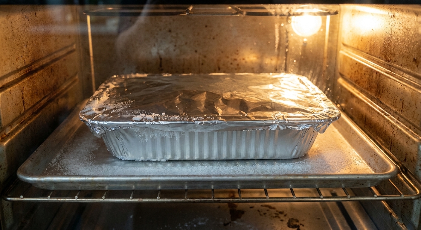 A frozen casserole in a foil pan baking on a sheet pan in an oven, covered with aluminum foil